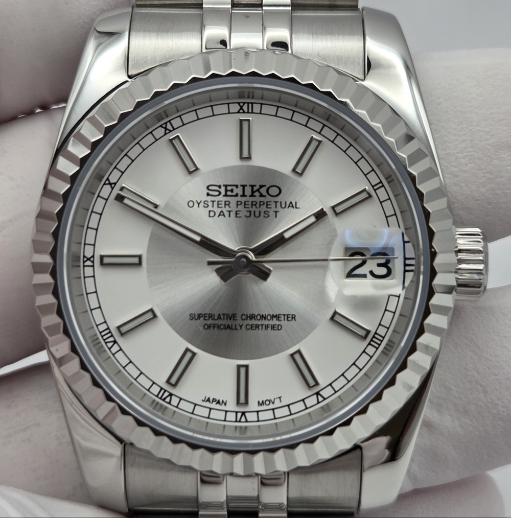 New 36mm Seiko Mod  Automatic Watch White And Silver Tuxedo Dial